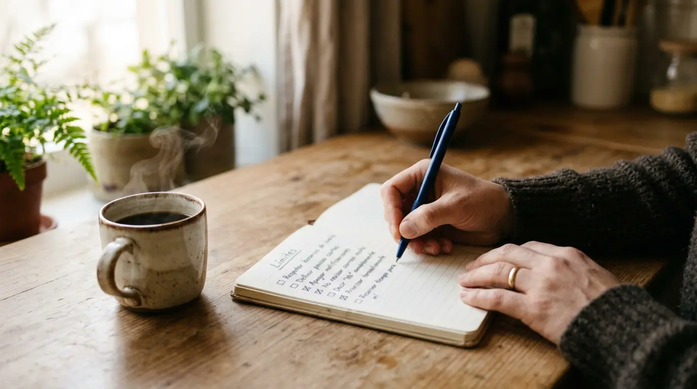 Persona anotando límites semanales en un cuaderno junto a una taza de café