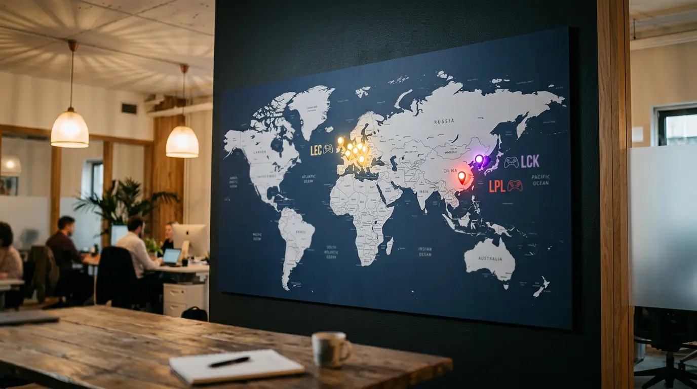 Mapa de las regiones competitivas de League of Legends: LEC Europa, LCK Corea, LPL China